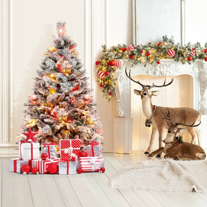 136 cm Künstlicher Weihnachtsbaum mit Schnee & 8 Lichtmodi & 472 PE PVC Zweigspitzen von Costway