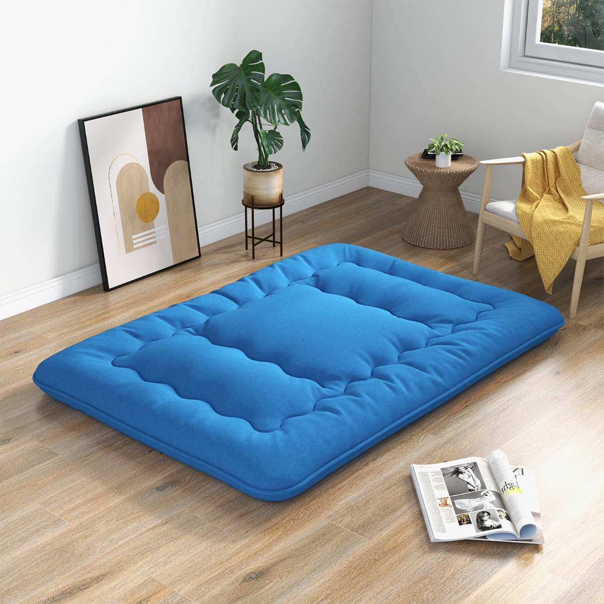 140 x 200 cm Japanische Futon Matratze mit Waschbarem Bezug &amp; Tragetasche Tatami-Matte Blau von Costway