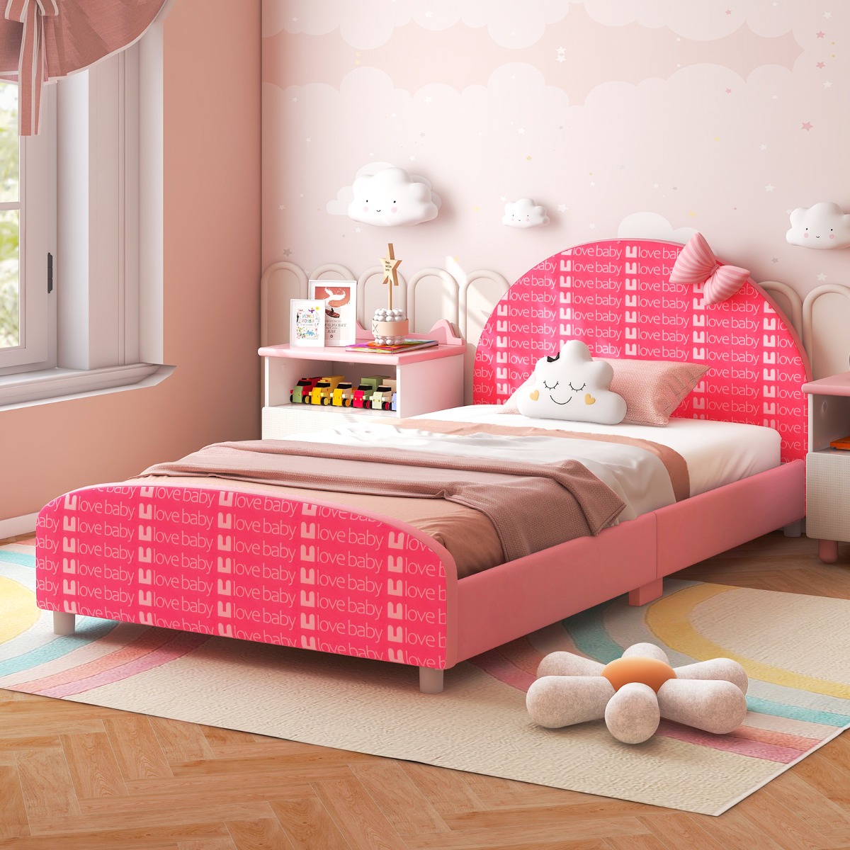 140 x 70 cm Kinderbett mit Weichem Kopfteil & Fußteil Lattenrost Babybett Rosa Schleife von Costway