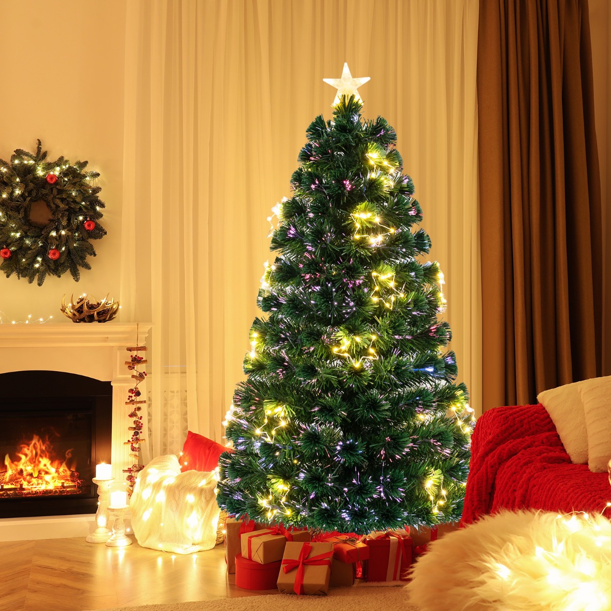150 cm Künstlicher Weihnachtsbaum aus Glasfaser mit Beleuchtung Tannenbaum 150 cm Künstlicher Weihnachtsbaum aus Glasfaser mit Beleuchtung Tannenbaum von Costway