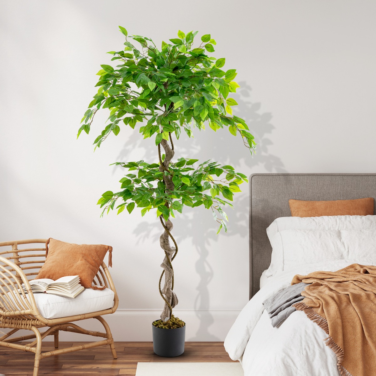 150 cm Kunstpflanze Ficus Benjamin mit Natürlichem Holzstamm & Blättern Künstliche Pflanze Grün von Costway