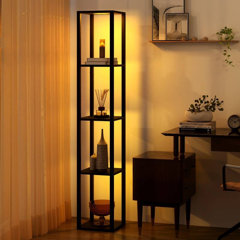 162cm Stehlampe mit Regalen & Dimmbaren LED-Lichtern & Fußschalter Standlampe Eckregal von Costway