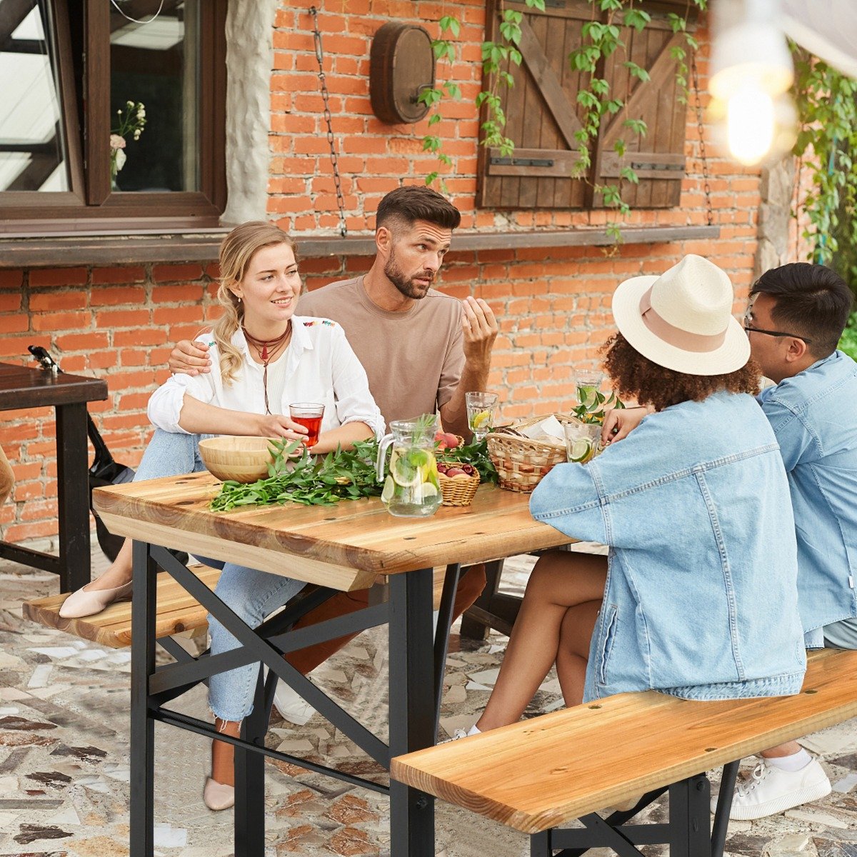 178 cm Langer Biertisch mit Sitzgarnitur 3-Teiliges Klappbares Picknicktisch- und Bank-Set von Costway