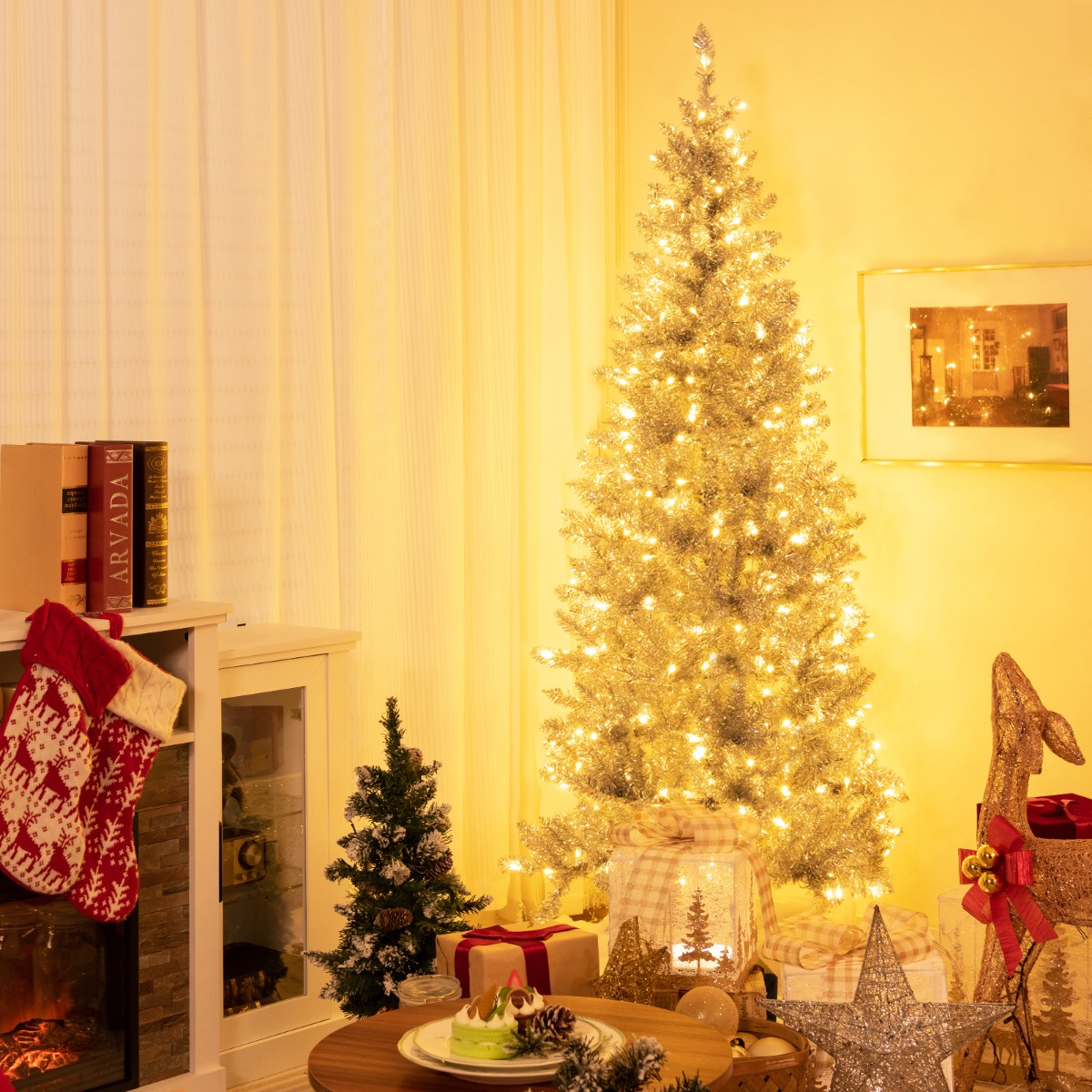 180 cm Bleistift Lametta-Weihnachtsbaum mit Warmweißen LED-Leuchten Schlanker Christbaum 180 cm Bleistift Lametta-Weihnachtsbaum mit Warmweißen LED-Leuchten Schlanker Christbaum von Costway
