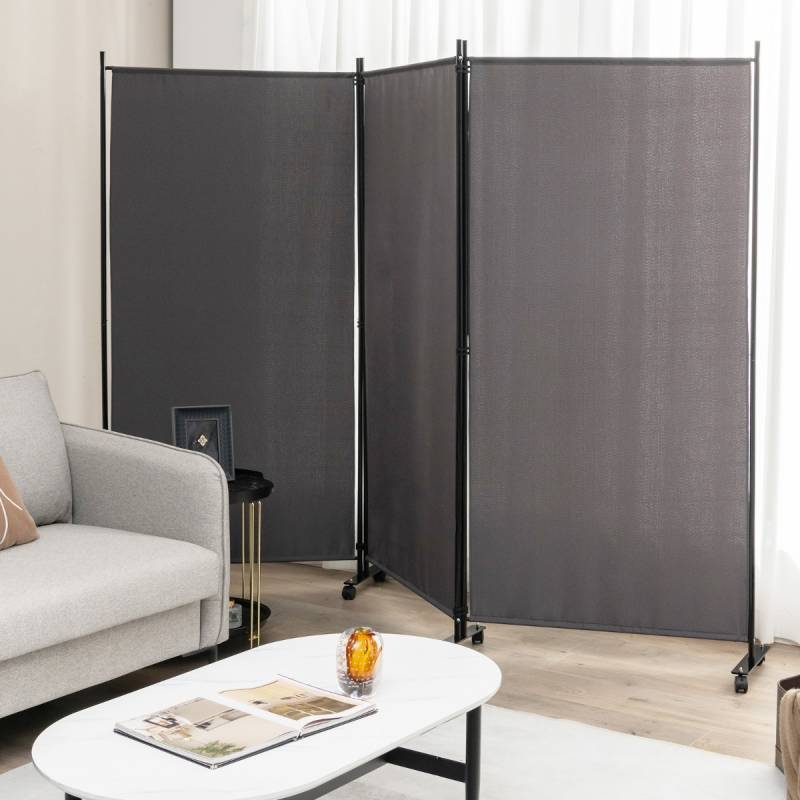 180 cm Hoher Raumteiler auf Rädern Klappbarer Paravent mit 3 frei Kombinierbaren Paneelen Grau von Costway