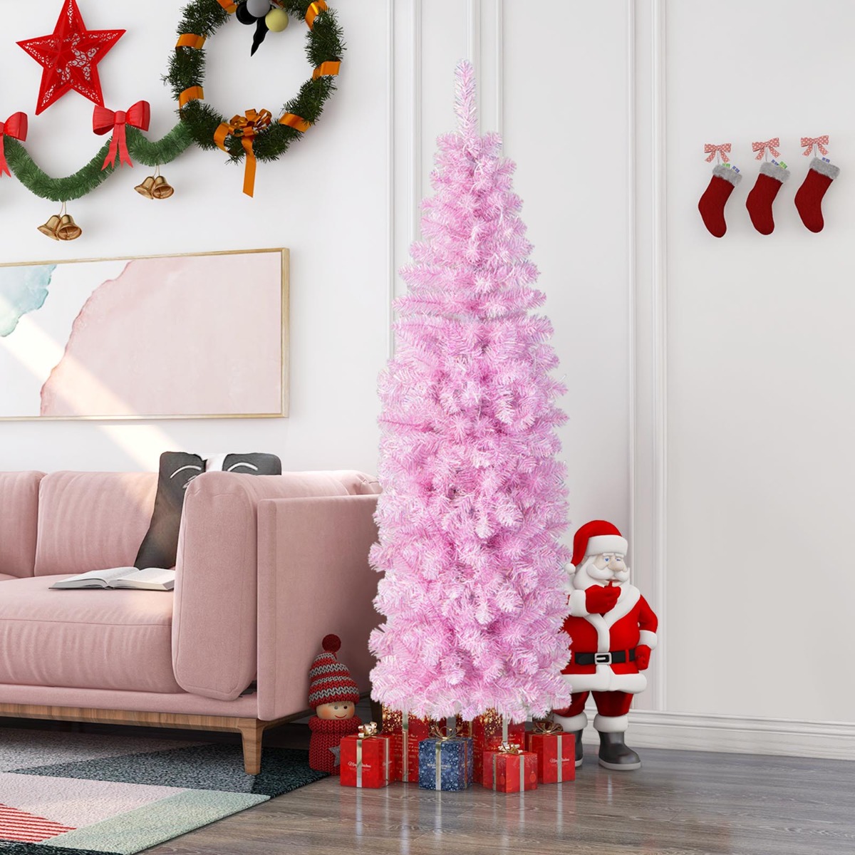 180 cm Künstlicher Bleistift Weihnachtsbaum mit 250 Kaltweißen LEDs Schlank Christbaum Rosa von Costway