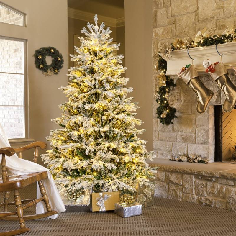 180 cm Künstlicher Weihnachtsbaum mit Schnee & Beleuchtung & 1022 gemischten Zweigspitzen Tannenbaum von Costway