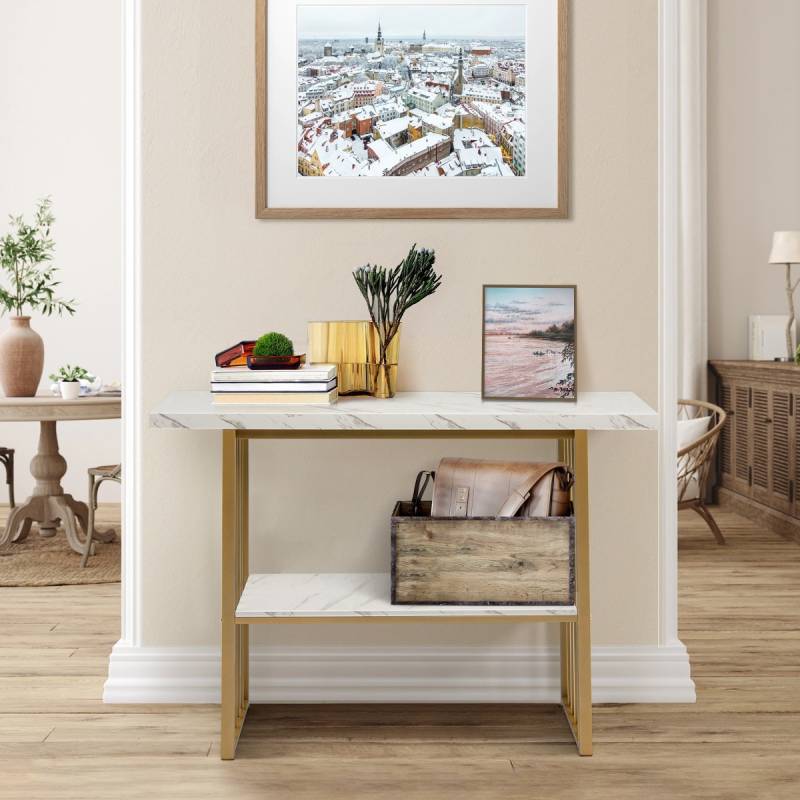 2 Ebenen Konsolentisch mit Marmoroptik 120 x 29,5 x 92,5 cm Weiß & Golden von Costway