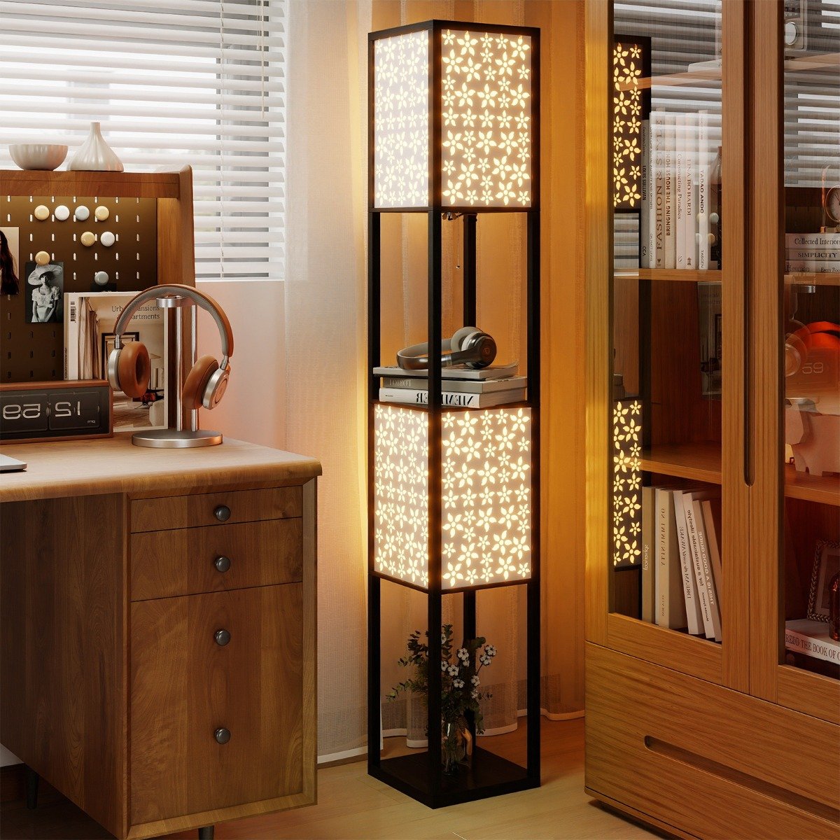 2-Flammige Stehleuchte mit 2 Regalen Stehlampe mit 2 ausgeschnittenen Muster-Lampenschirmen Blumen 2-Flammige Stehleuchte mit 2 Regalen Stehlampe mit 2 ausgeschnittenen Muster-Lampenschirmen Blumen von Costway