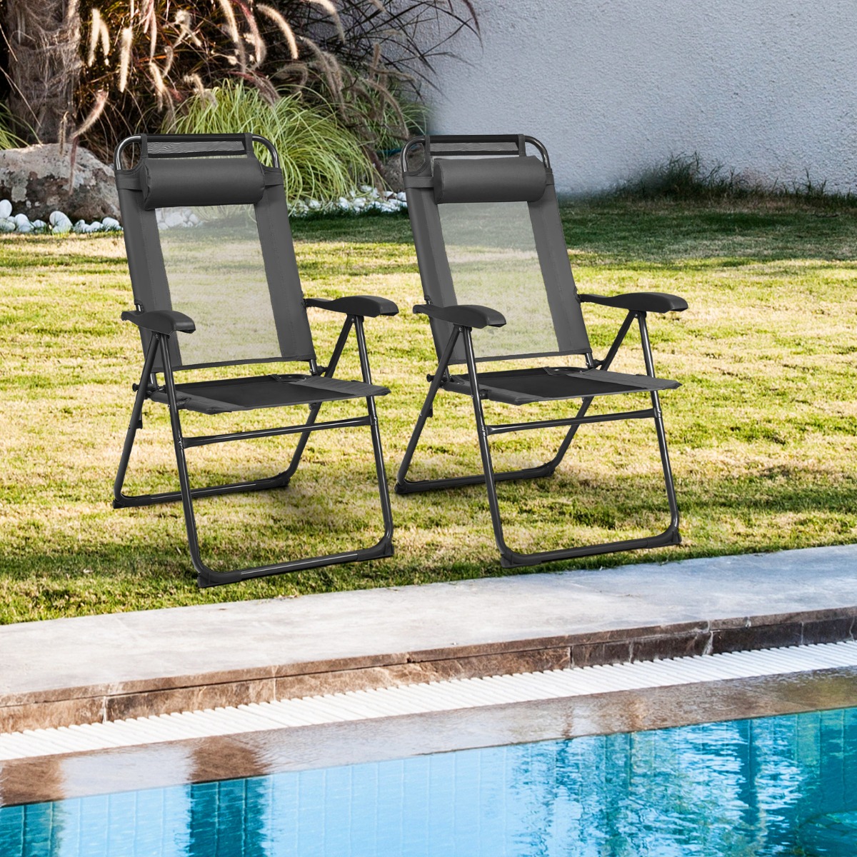 2 Klappbare Liegestühle für die Terrasse 71 x 58,5 x 101,5 cm Grau von Costway