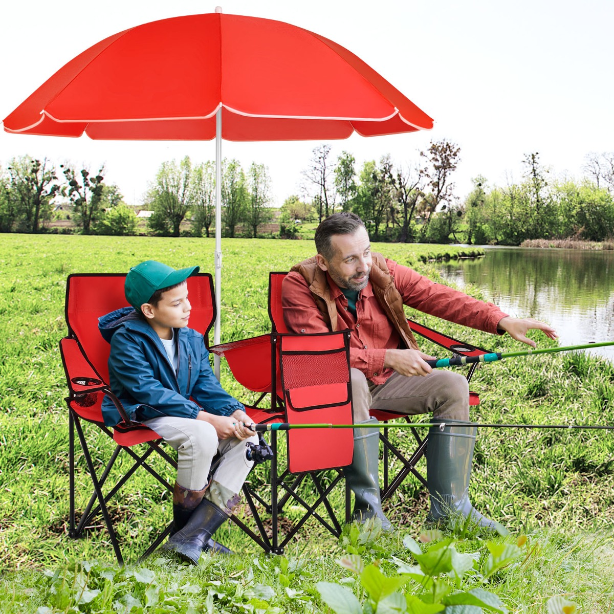 2-Sitzer Campingstuhl mit Sonnenschirm klappbarer Angelstuhl mit Tragetasche Rot von Costway