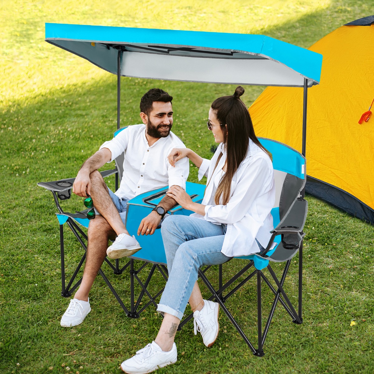 2-Sitzer Campingstuhl mit Sonnenschutz Mini-Tisch klappbarer Angelstuhl mit Tragetasche 166 x 71 x 151 cm Blau von Costway