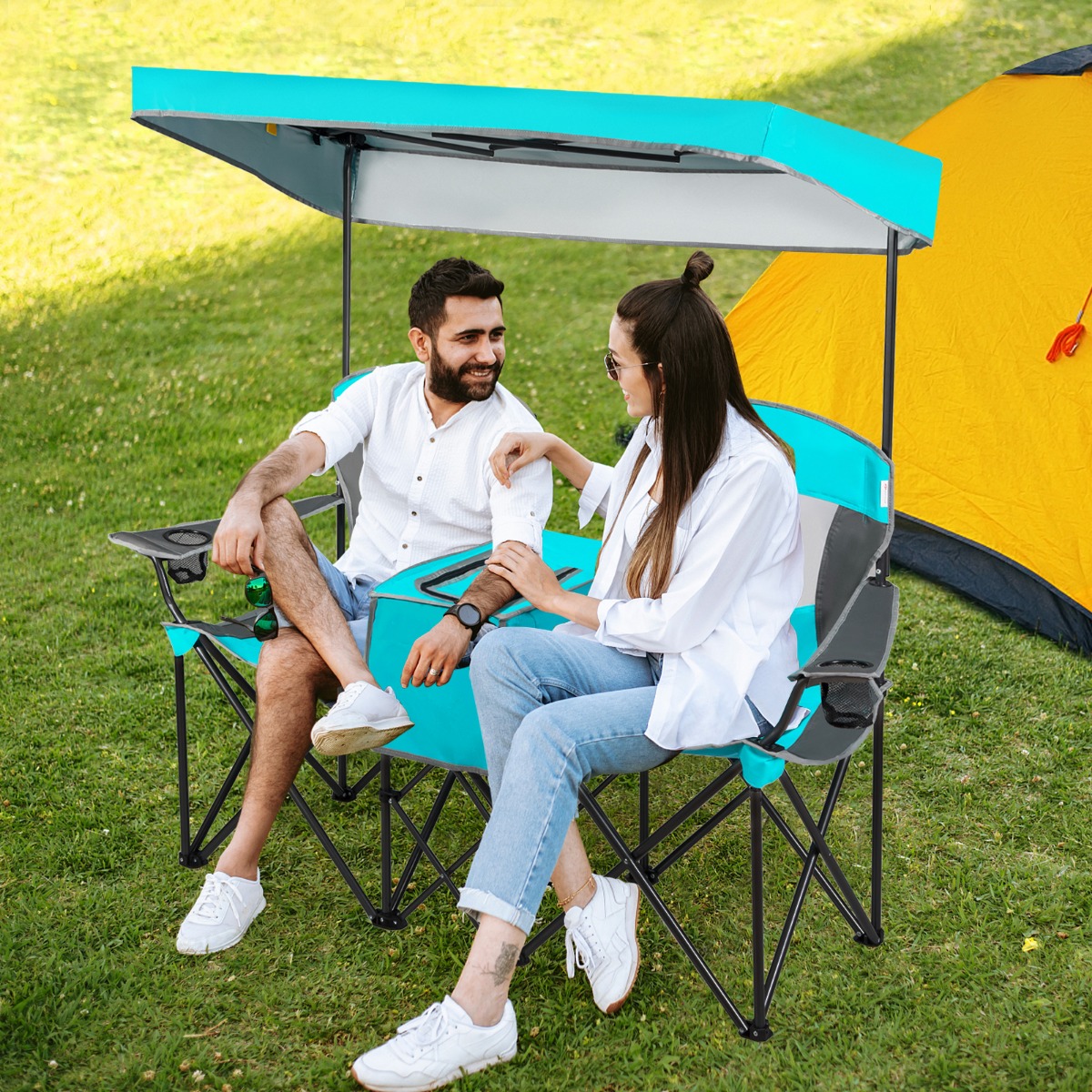 2-Sitzer Campingstuhl mit Sonnenschutz Mini-Tisch klappbarer Angelstuhl mit Tragetasche 166 x 71 x 151 cm Navy von Costway