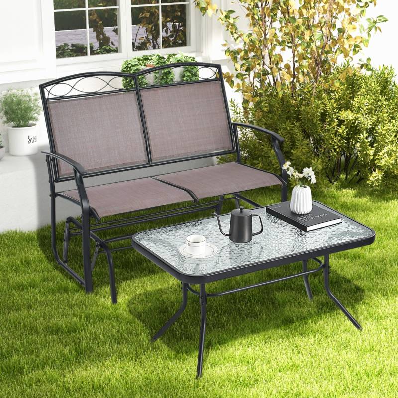 2-Sitzer Schaukelbank mit Couchtisch Balkonmöbel-Set Gartenbank aus Textilene von Costway