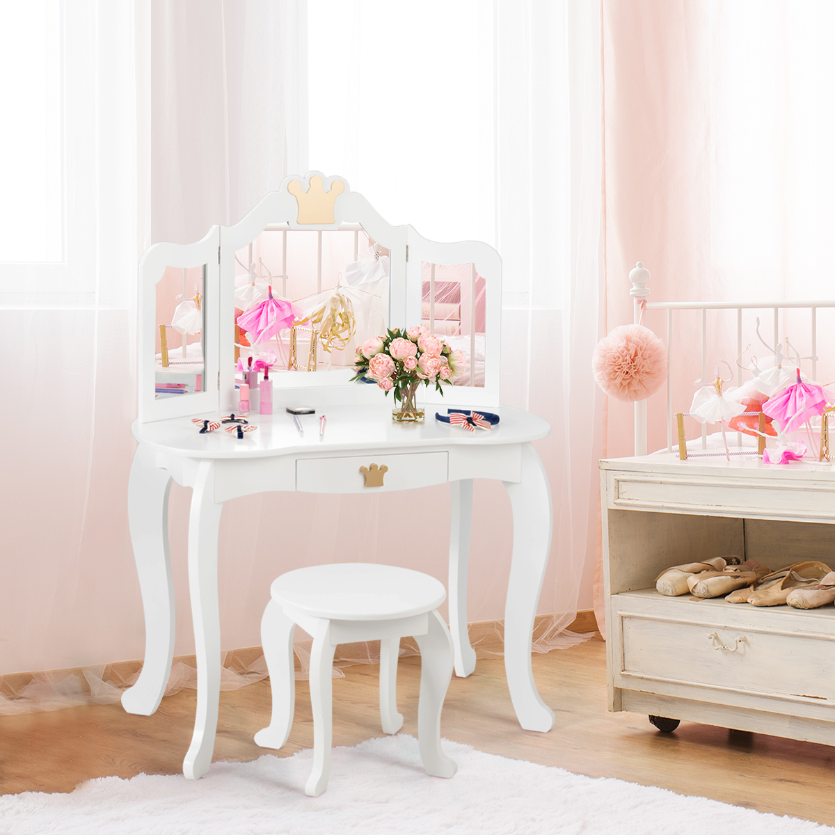 2 in 1 Frisiertisch Set Kinder Schminktisch Mädchen Frisiertisch Holz Spiegeltisch Weiß 80x42x105cm von Costway