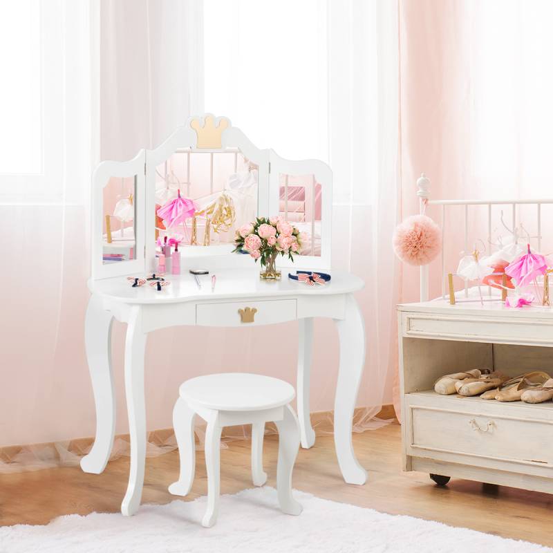 2 in 1 Frisiertisch Set Kinder Schminktisch Mädchen Frisiertisch Holz Spiegeltisch Weiß 80x42x105cm von Costway