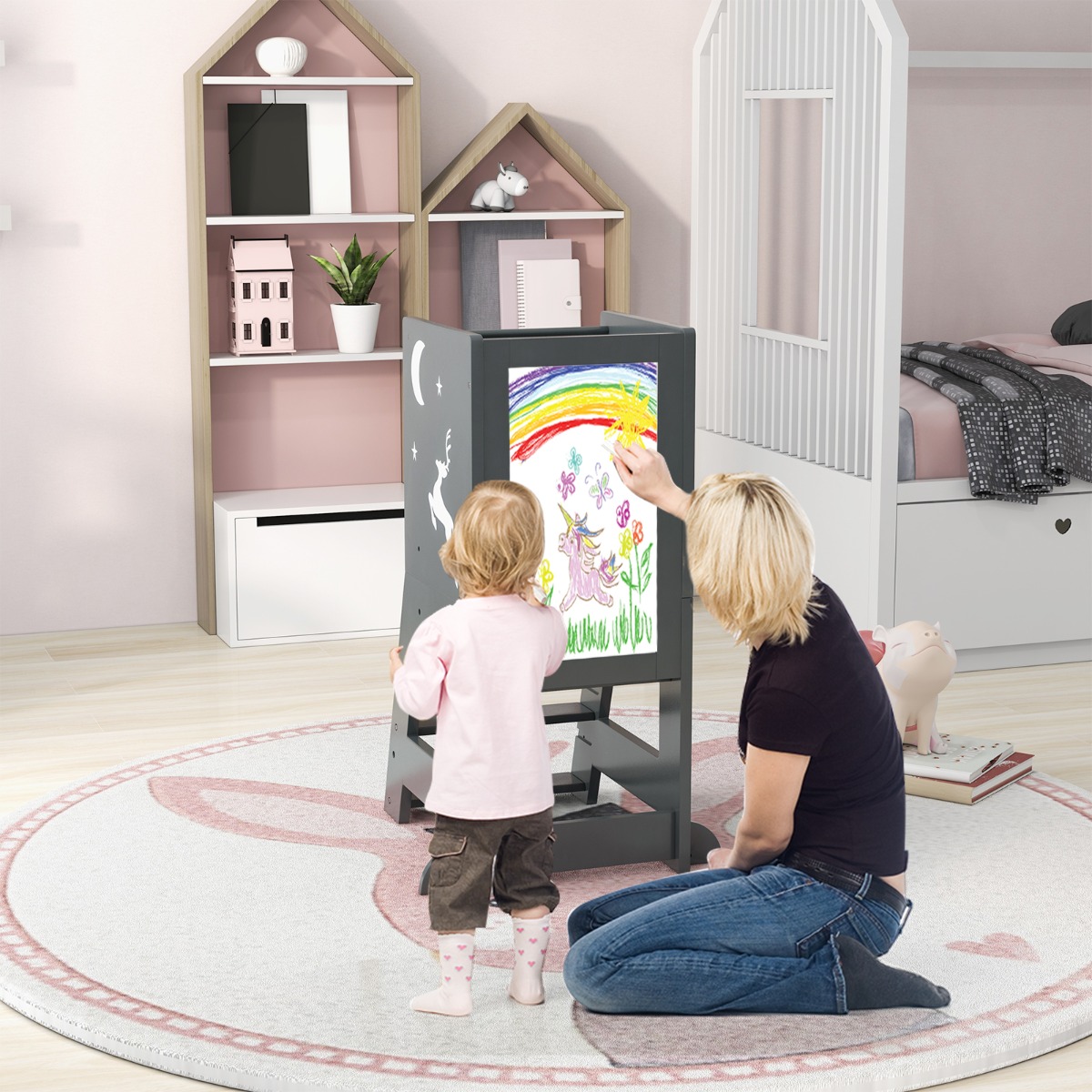 2 in 1 Kinder Lernturm mit Doppelseitiger Tafel & 3 Verstellbare Höhen Küchenhocker Trittschemel Grau 2 in 1 Kinder Lernturm mit Doppelseitiger Tafel & 3 Verstellbare Höhen Küchenhocker Trittschemel Grau von Costway