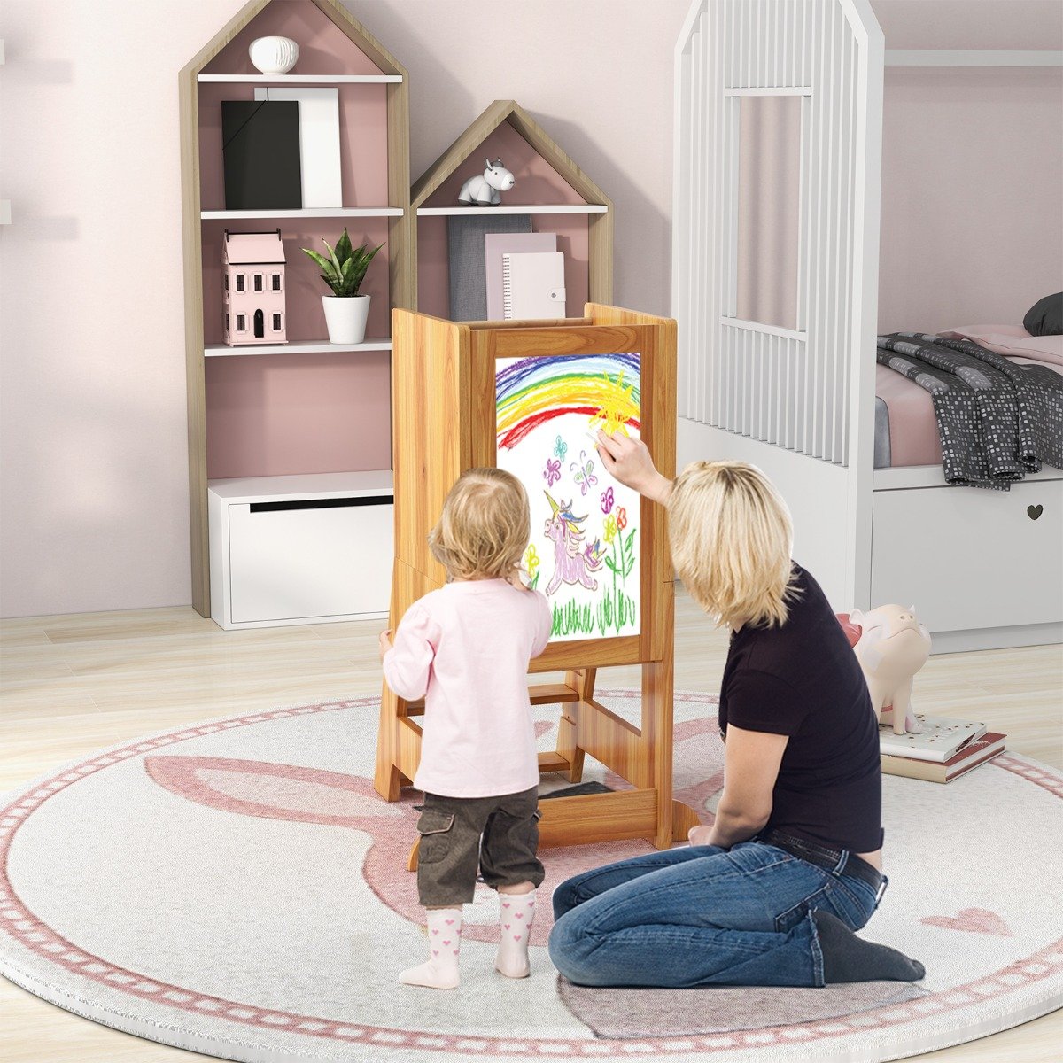 2 in 1 Kinder Lernturm mit Doppelseitiger Tafel & 3 Verstellbare Höhen Küchenhocker Trittschemel Natur 2 in 1 Kinder Lernturm mit Doppelseitiger Tafel & 3 Verstellbare Höhen Küchenhocker Trittschemel Natur von Costway