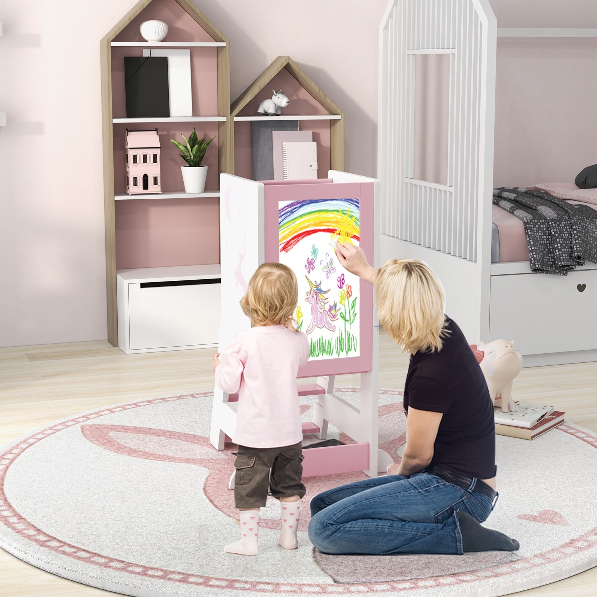 2 in 1 Kinder Lernturm mit Doppelseitiger Tafel & 3 Verstellbare Höhen Küchenhocker Trittschemel Rosa 2 in 1 Kinder Lernturm mit Doppelseitiger Tafel & 3 Verstellbare Höhen Küchenhocker Trittschemel Rosa von Costway