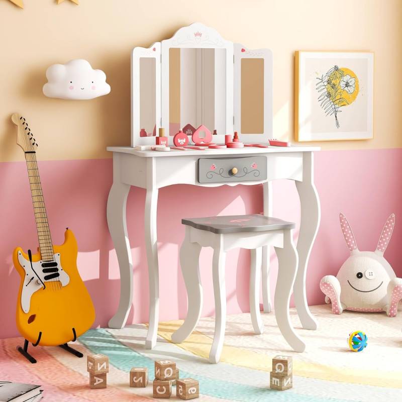 2 in 1 Kinder Schminktisch + Hocker mit Klappbarem Spiegel & Schublade & Zubehörteilen 2 in 1 Kinder Schminktisch + Hocker mit Klappbarem Spiegel & Schublade & Zubehörteilen von Costway