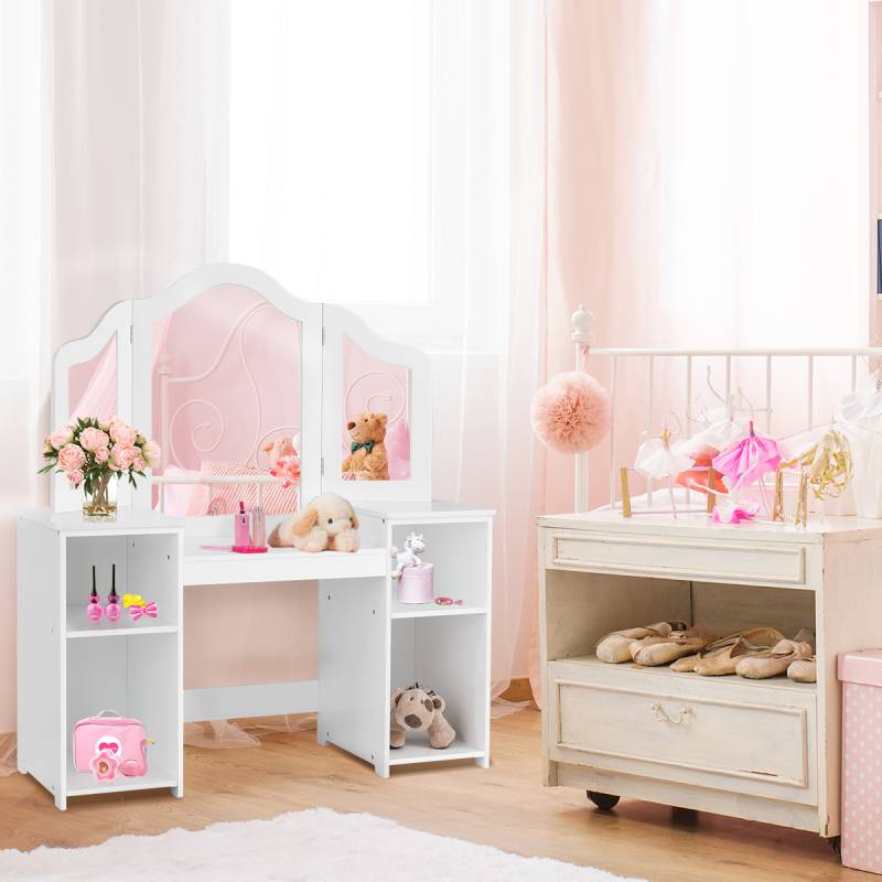 2 in 1 Kinder Schminktisch Schreibtisch mit spiegel 107 × 40 × 117 cm Weiß von Costway