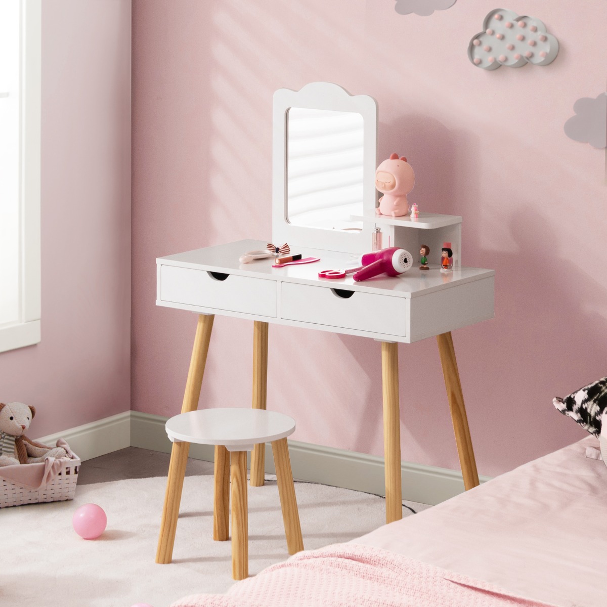 2 in 1 Kinder Schminktisch Set Schreibtisch & Hocker mit Spiegel 70 x 37 x 100 cm Weiß von Costway