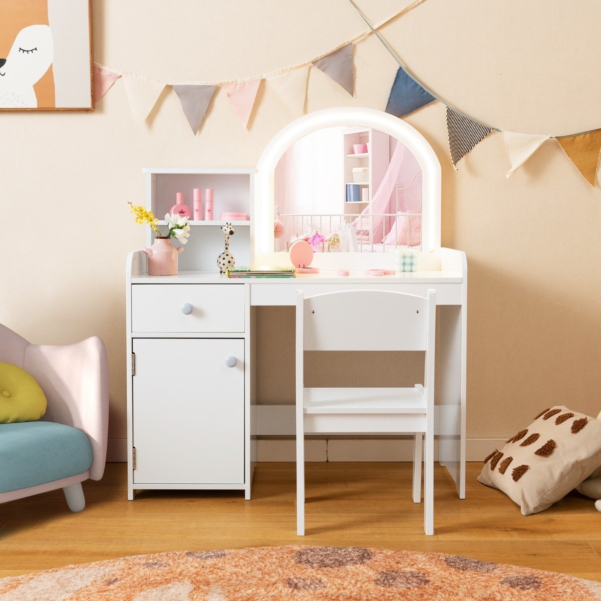 2 in 1 Kinder Schminktisch Set mit Hocker & LED-Lechten & Spiegel & Schublade Kosmetiktisch Weiß 2 in 1 Kinder Schminktisch Set mit Hocker & LED-Lechten & Spiegel & Schublade Kosmetiktisch Weiß von Costway