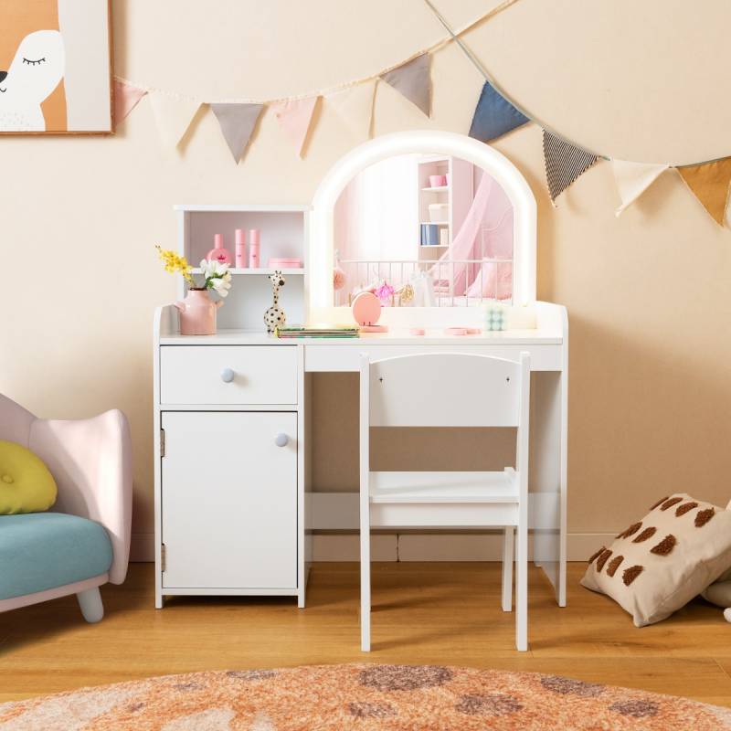 2 in 1 Kinder Schminktisch Set mit Hocker & LED-Lechten & Spiegel & Schublade Kosmetiktisch Weiß von Costway
