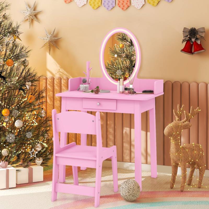 2 in 1 Kinder Schminktisch mit Hocker Frisiertisch mit Beleuchtung Rosa von Costway