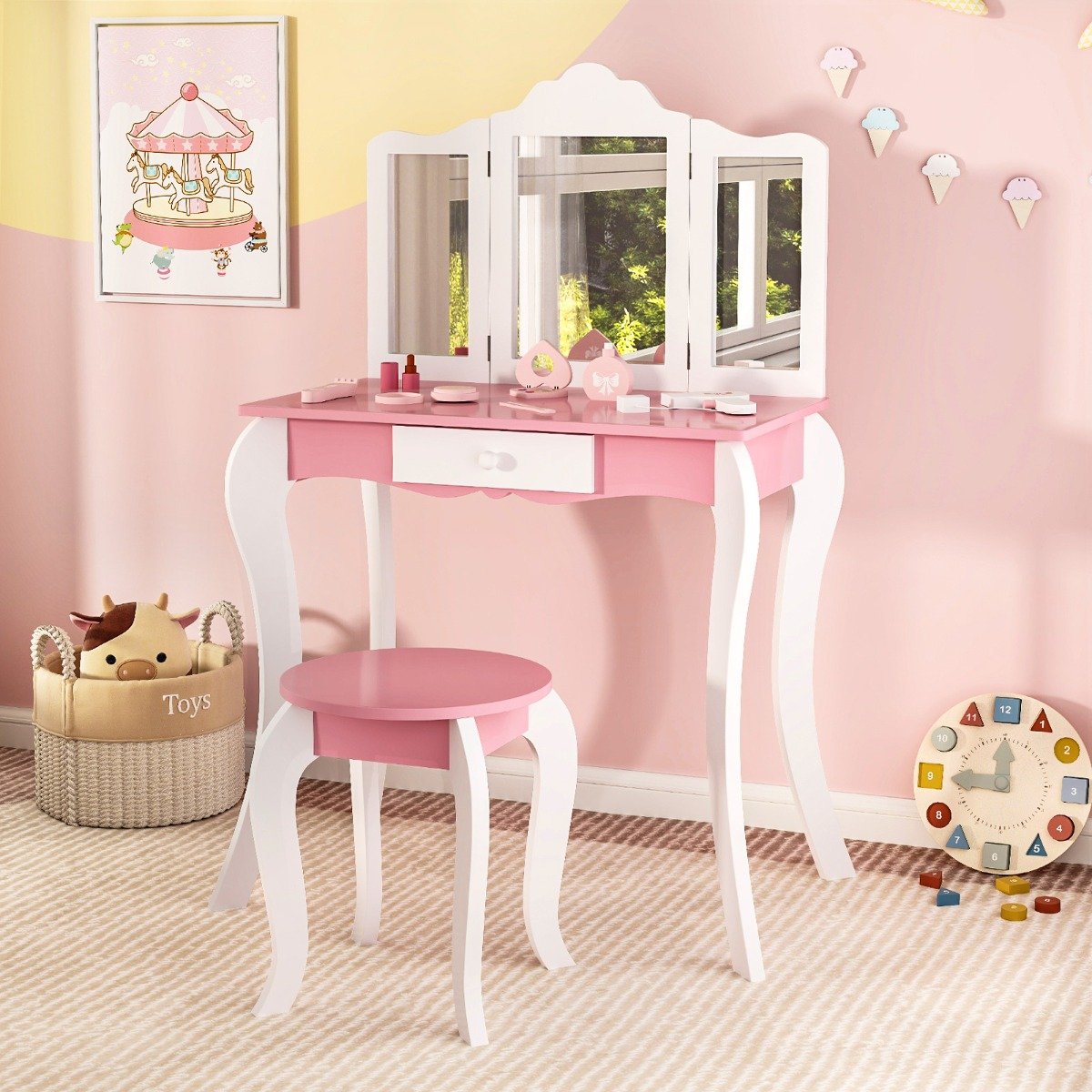 2 in 1 Kinder Schminktisch mit Hocker & 3-Fach Abnehmbarem Spiegel & Schublade Frisiertisch von Costway