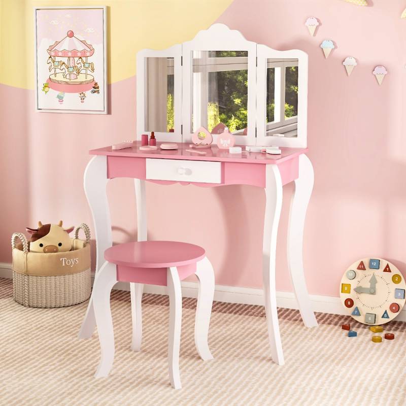 2 in 1 Kinder Schminktisch mit Hocker & 3-Fach Abnehmbarem Spiegel & Schublade Frisiertisch von Costway