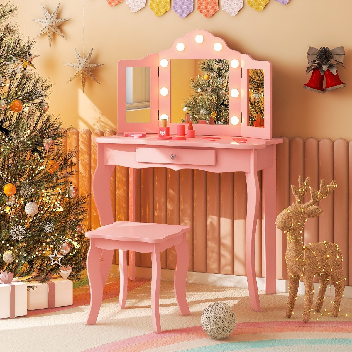 2 in 1 Kinder Schminktisch mit LED-Leuchten & Klappbarem Spiegel & Schubladen Rosa 2 in 1 Kinder Schminktisch mit LED-Leuchten & Klappbarem Spiegel & Schubladen Rosa von Costway