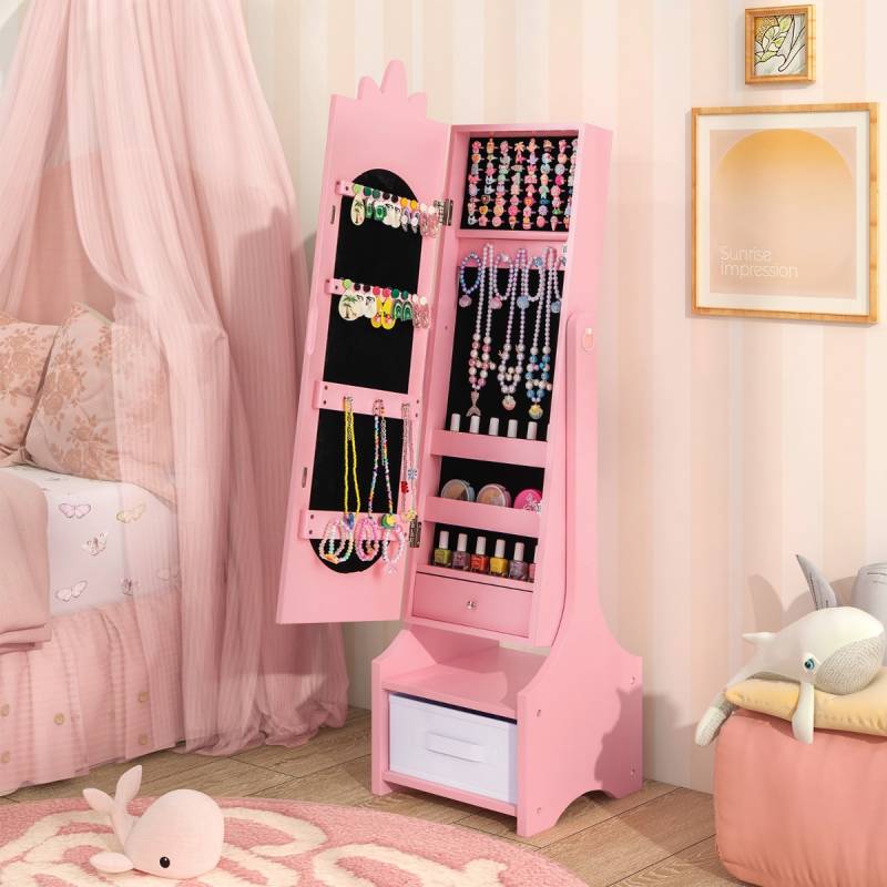 2 in 1 Kinder Schmuckschrank mit Ganzkörperspiegel & Schublade Spiegelschrank Schminkspiegel Rosa von Costway