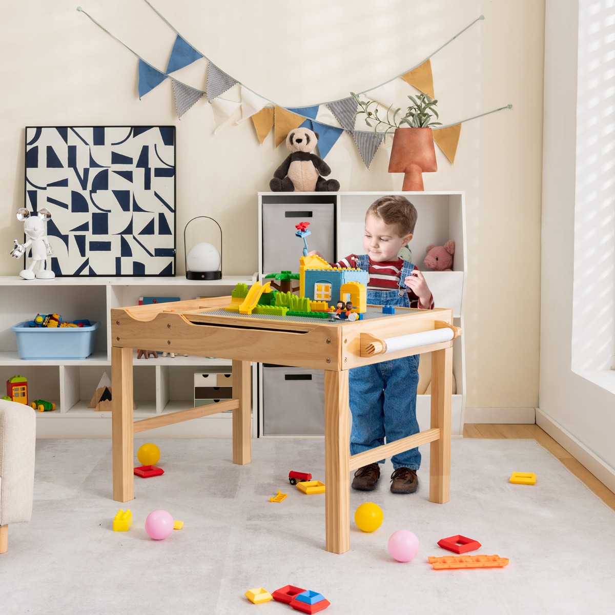 2 in 1 Kindertisch aus Kiefernholz mit Umkehrbarer Tischplatte & Stauraum & Papierrolle Natur 2 in 1 Kindertisch aus Kiefernholz mit Umkehrbarer Tischplatte & Stauraum & Papierrolle Natur von Costway