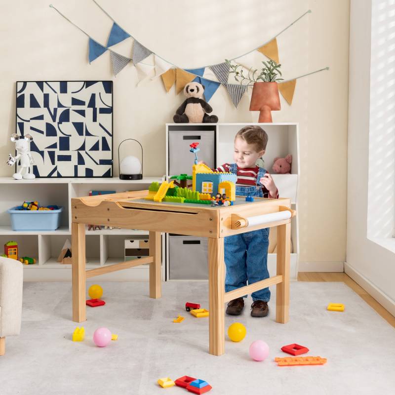 2 in 1 Kindertisch aus Kiefernholz mit Umkehrbarer Tischplatte & Stauraum & Papierrolle Natur von Costway
