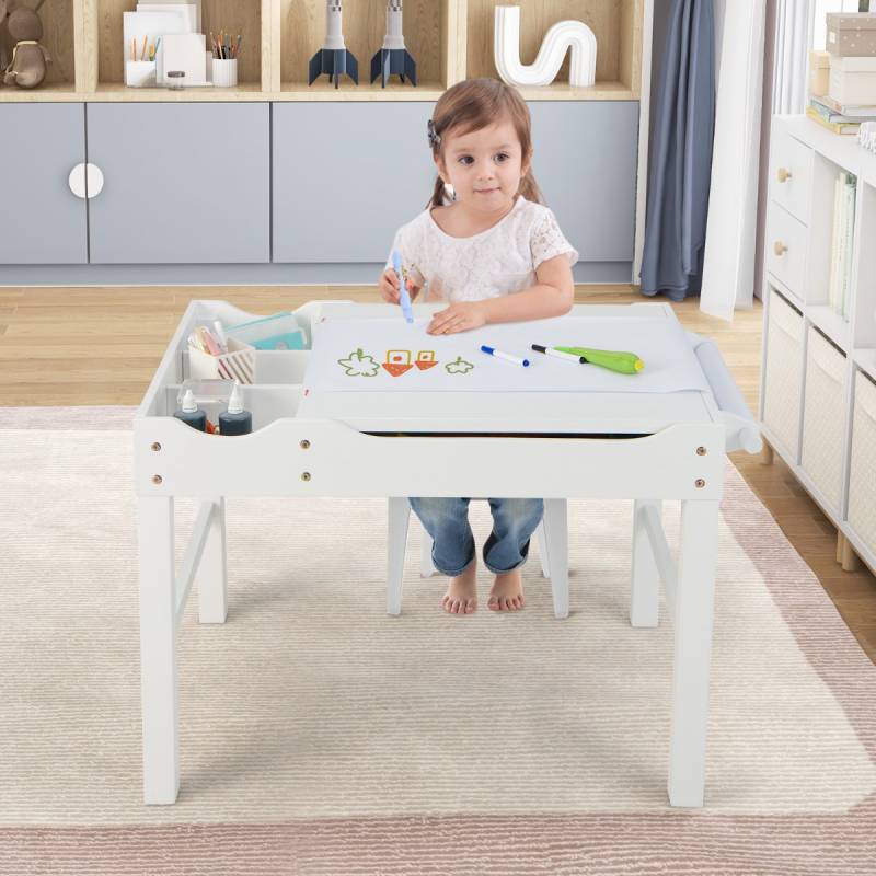 2 in 1 Kindertisch aus Kiefernholz mit Umkehrbarer Tischplatte & Stauraum & Papierrolle Weiß von Costway