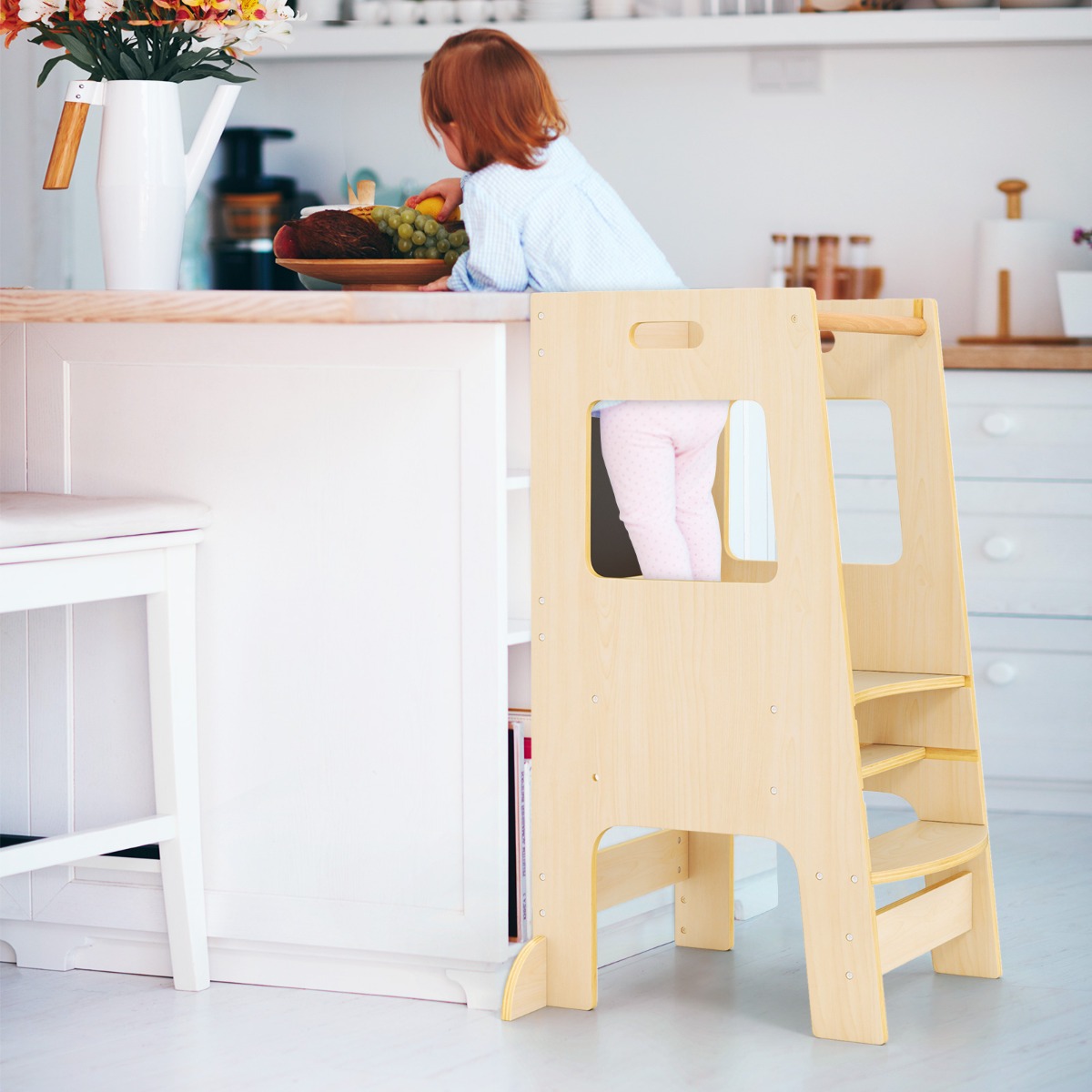 2 in 1 Küchenhelfer Lernturm mit 3 Verstellbarer Höhen & Kreidetafel Tritthocker Lernstuhl Natur 2 in 1 Küchenhelfer Lernturm mit 3 Verstellbarer Höhen & Kreidetafel Tritthocker Lernstuhl Natur von Costway