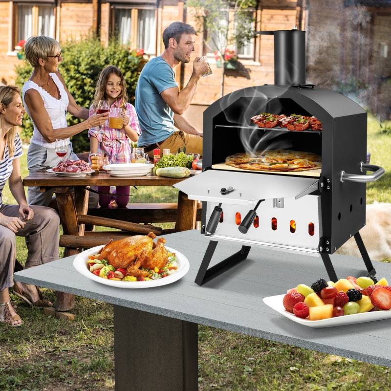 2-lagigem Pizza Ofen mit Grillrost & Pizzastein & Pizzaschaufel & Wasserdichter Abdeckung von Costway