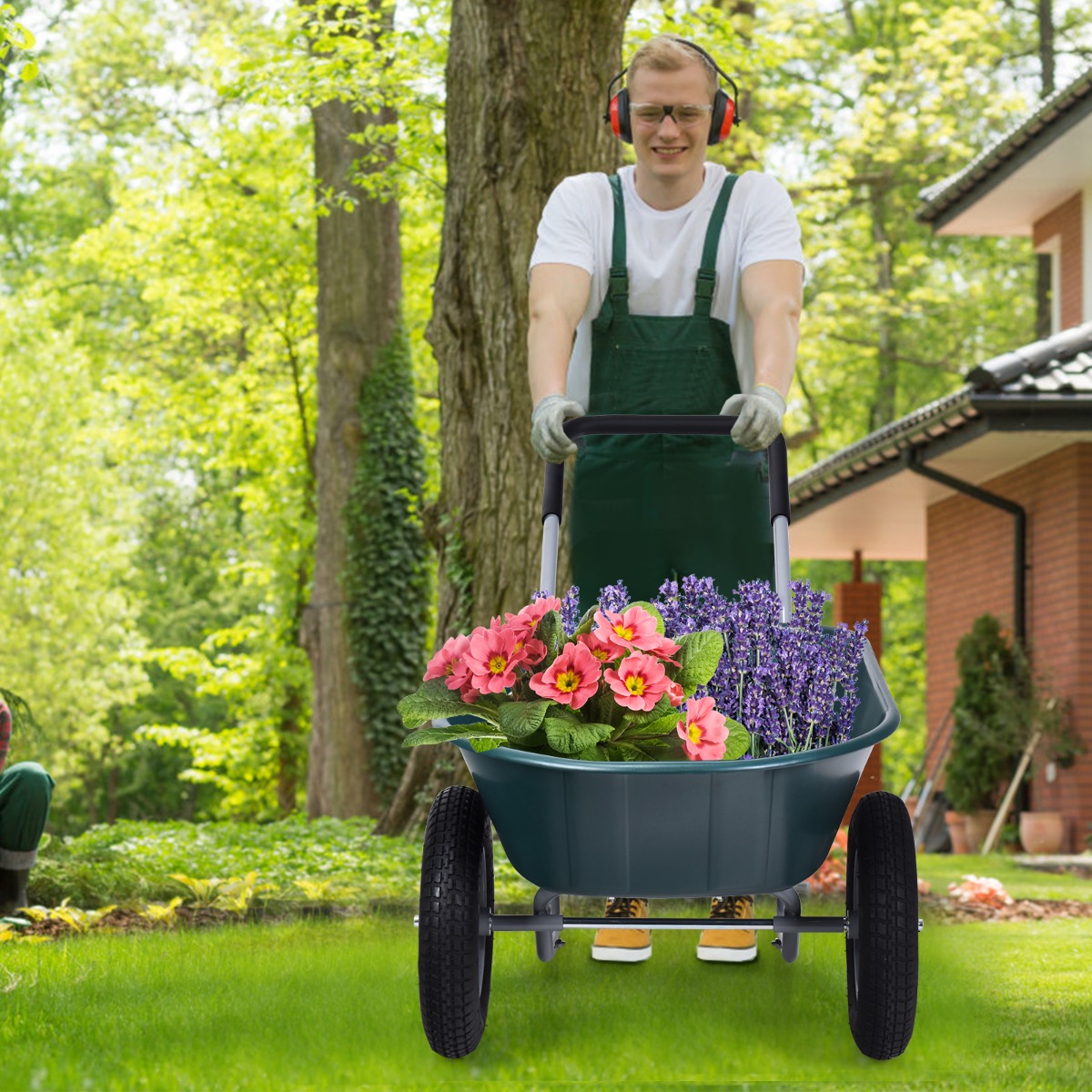 2-rädrige Schubkarre für den Garten Schwerlast-Schublade 145 x 65 x 65 cm Grün von Costway