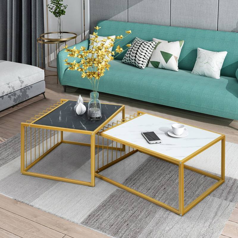 2 x Beistelltisch Set Couchtisch Satztische Marmor Moderner Satztisch Gelb + Schwarz + Weiß von Costway