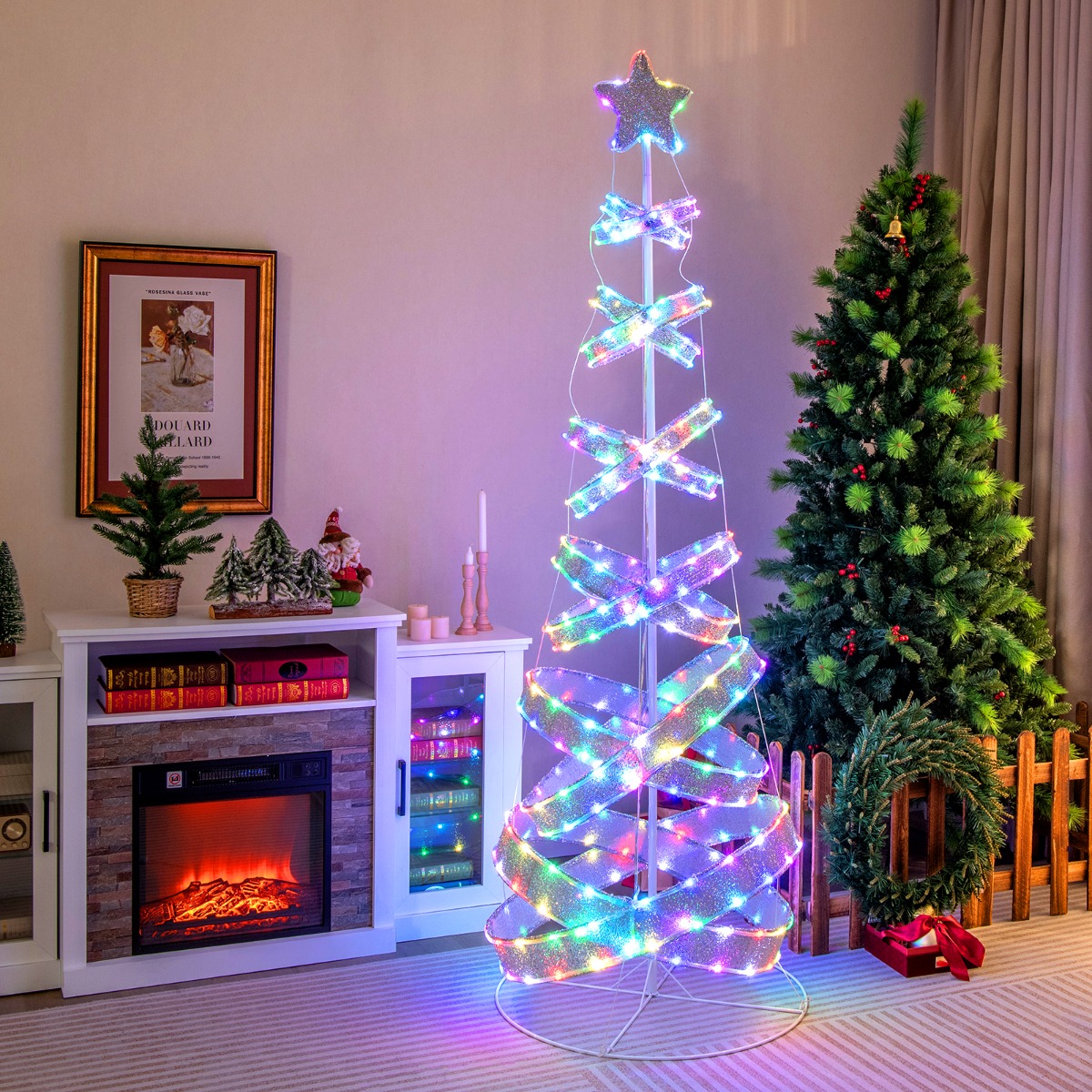 210 cm LED Spiral Weihnachtsbaum aus Polyester Metall mit 341 LEDs & 34 Lichtmodi & Stern von Costway