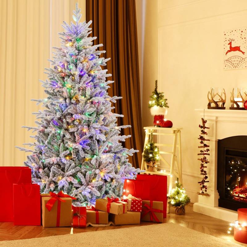 218 cm großer beflockter Weihnachtsbaum künstlicher Christbaum mit 8 Lichtmodi 350 mehrfarbigen LED-Lichtern von Costway