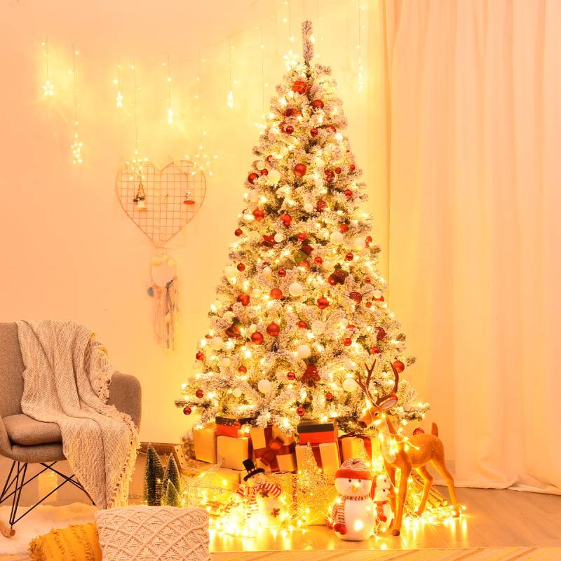 225cm Künstlicher Weihnachtsbaum mit Schnee und warmweißen LED-Leuchten Christbaum PVC Nadeln von Costway