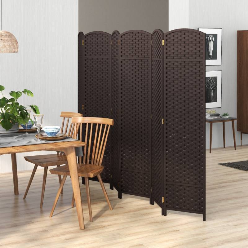 240 x 170 cm Paravent mit Handgewebter Textur & Massivem Holzrahmen Trennwand Raumteiler Braun von Costway