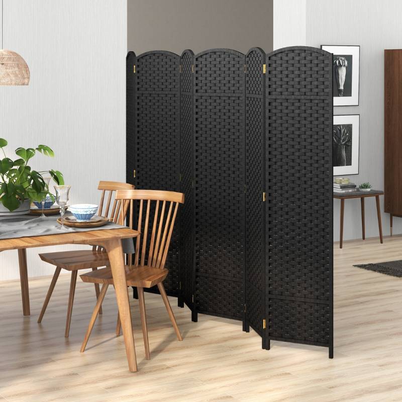 240 x 170 cm Paravent mit Handgewebter Textur & Massivem Holzrahmen Trennwand Raumteiler Schwarz von Costway