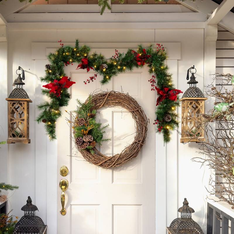 270 cm Künstliche Weihnachtsgirlande mit Beleuchtung & Tannenzapfen & Roten Blumen von Costway