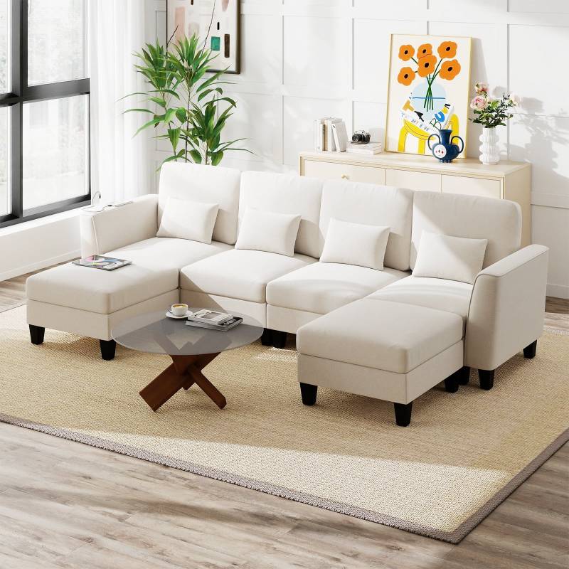 280 cm Ecksofa mit 2 Ottomane U-förmiges modulares Sofa mit USB- & Type-C-Ladeanschlüssen 4-Sitzer Sofa-Set Beige von Costway