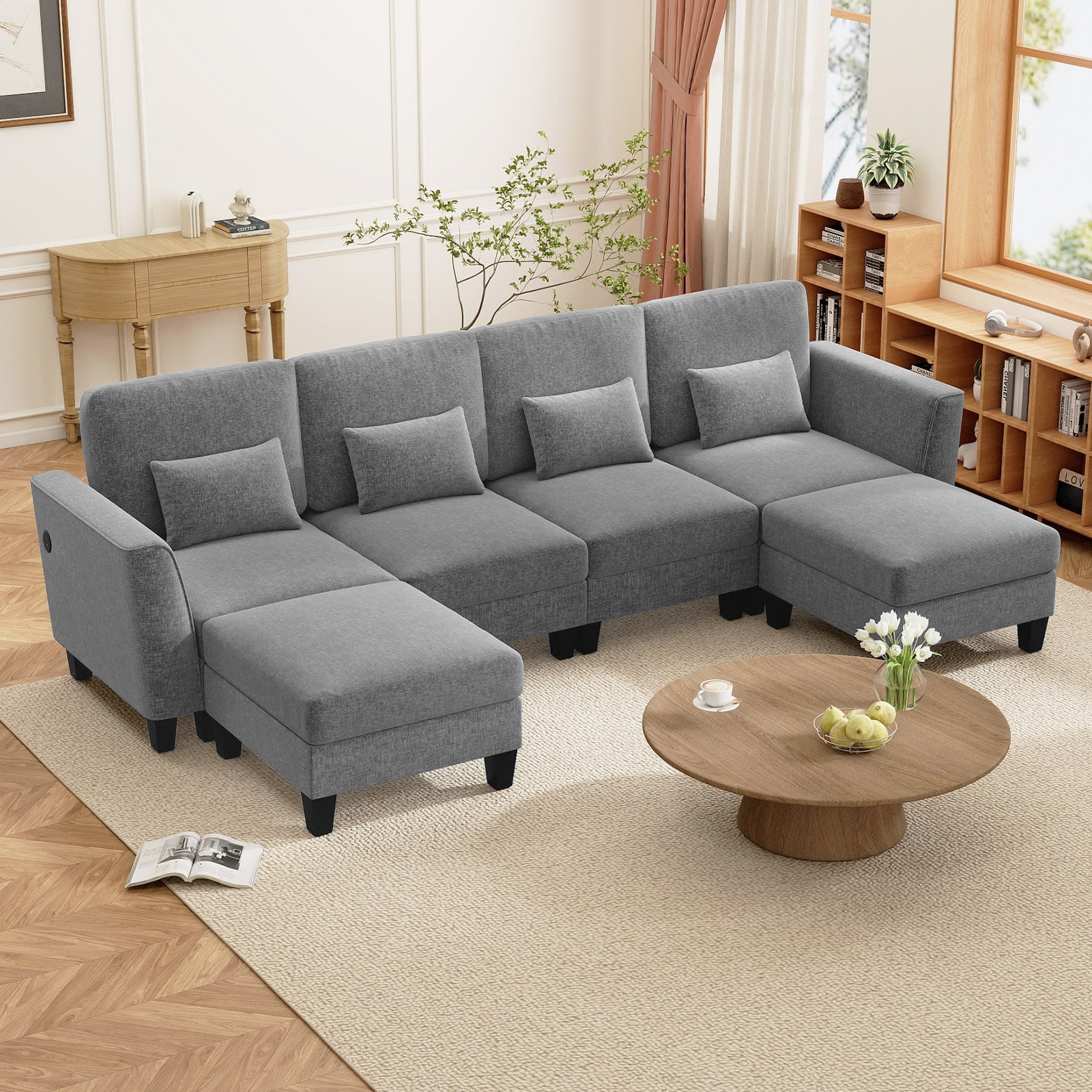 280 cm Ecksofa mit 2 Ottomane U-förmiges modulares Sofa mit USB- & Type-C-Ladeanschlüssen 4-Sitzer Sofa-Set Grau von Costway