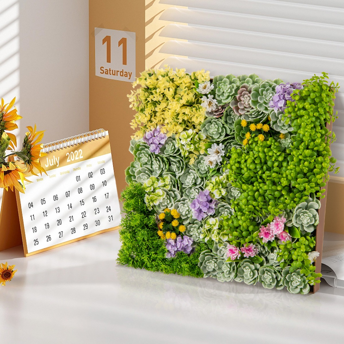 2er-Pack Quadratisch Gerahmte Wandkunst aus Künstlichem Laub 3D-Wandbegrünung 50 x 50 cm Blumen von Costway