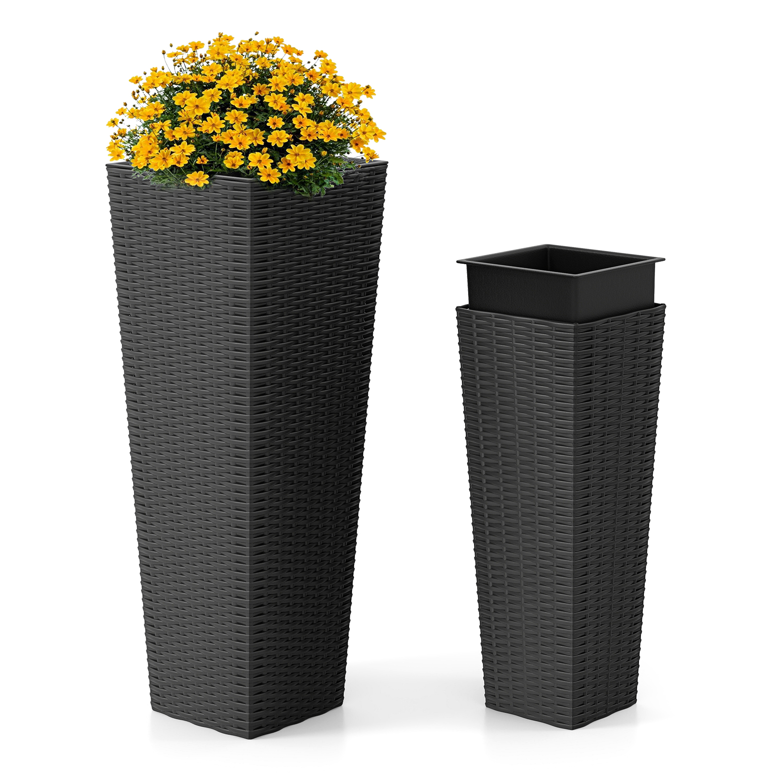 2er Pflanzkübel mit Innentopf 82 cm / 60 cm hoch Rattan Pflanzgefäße stapelbar Blumentöpfe mit Entwässerungslöchern Schwarz von Costway